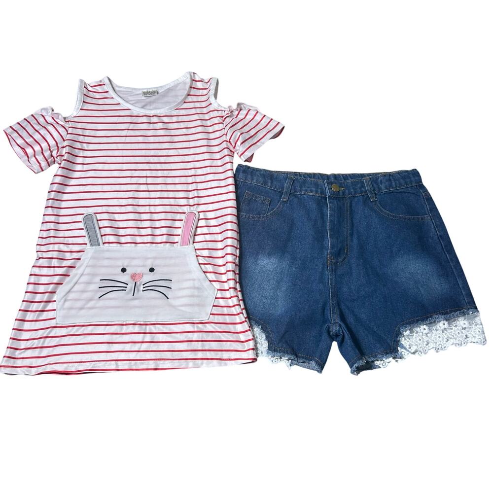 Girls 5XL 9-10 Yr Red‎ Striped Bunny T Shirt and Denim Shorts Set  Lace NEW